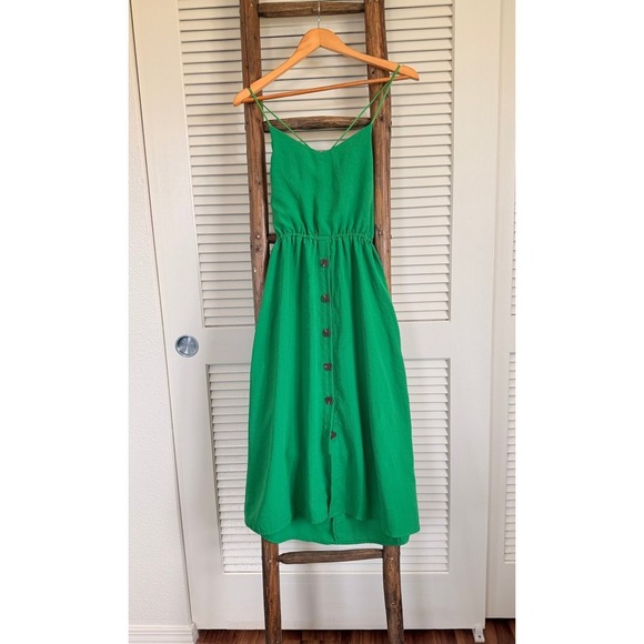 Green Midi Dress Sleeveless Sundress Button Front Tie Back Casual Summer - Picture 1 of 5